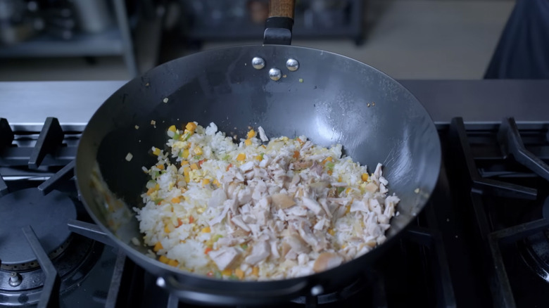Cooking fried rice with rotisserie chicken