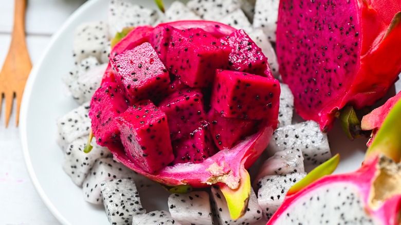 Cubed white flesh and red flesh dragon fruit