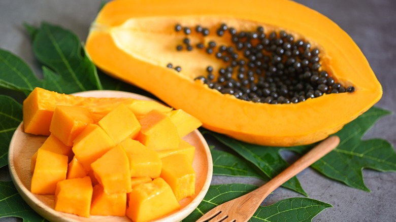 papaya cut open and diced