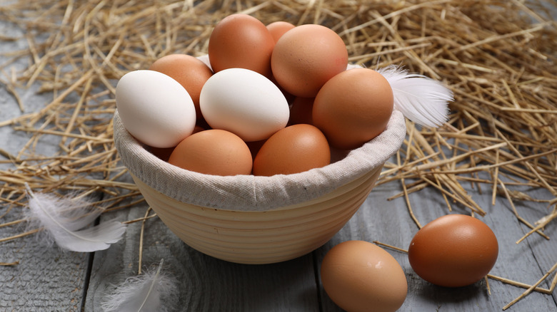 A variety of eggs of different colors sit in a basket with straw and feathers nearby
