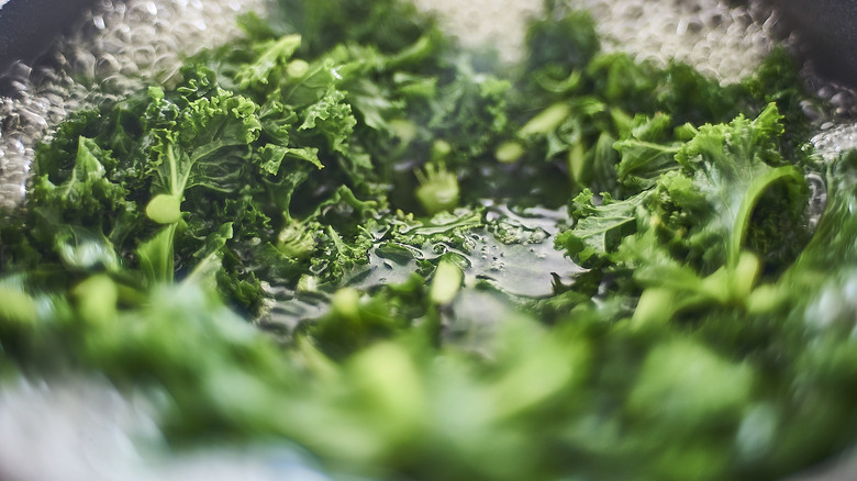 Curly kale cooking in a pan