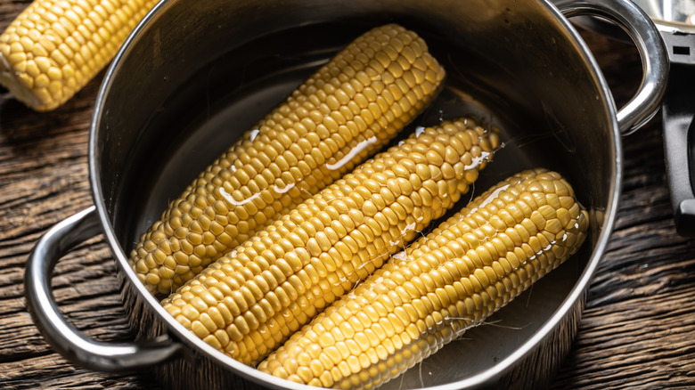 Three corn cobs sitting in a pot of water.