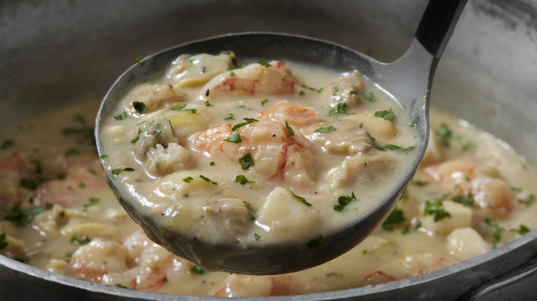 ladle full of cream chowder soup