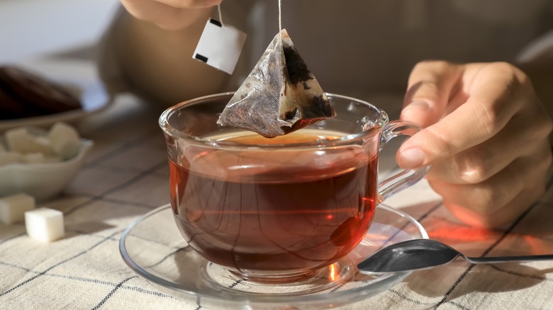 Hands dunking tea bag in glass cup of dark tea