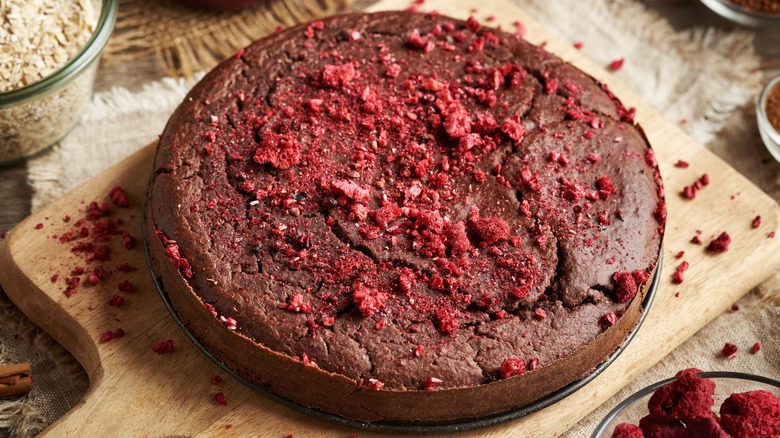 Gluten-free brownie cake on cutting board