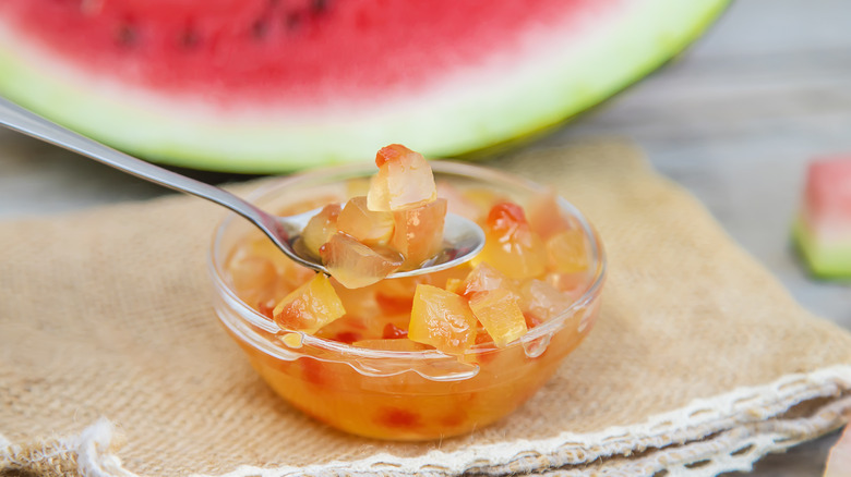 Watermelon peel jam in a bowl