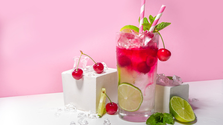 Cherries mixed with carbonated water, lime, and mint.