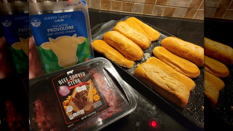 Aldi ingredients for Philly cheesesteak sandwiches sit on a stove.