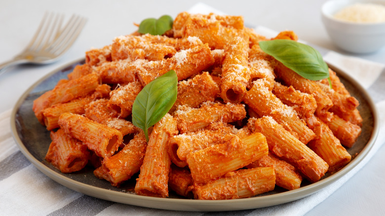 Close-up shot of rigatoni with a creamy vodka sauce and parmesan cheese with herbs