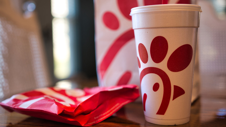 Chick-fil-A drinks and bags.