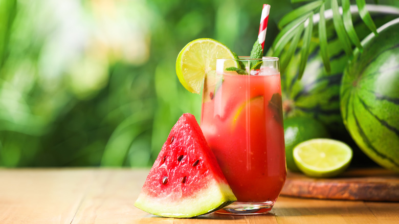 A watermelon drink with lime and mint.