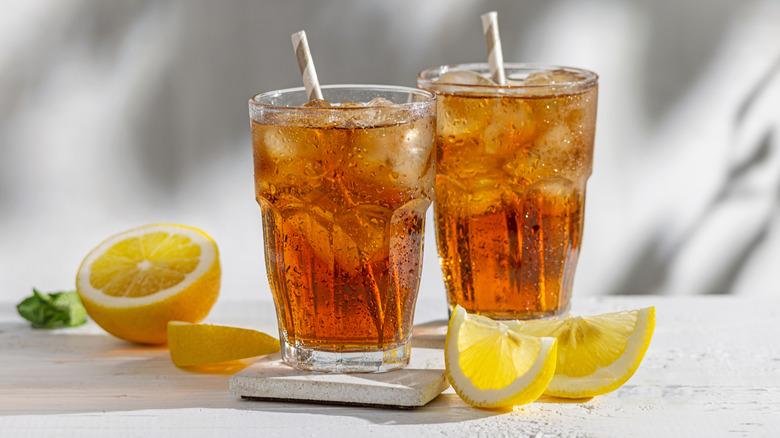 Two glasses of iced tea pictured.