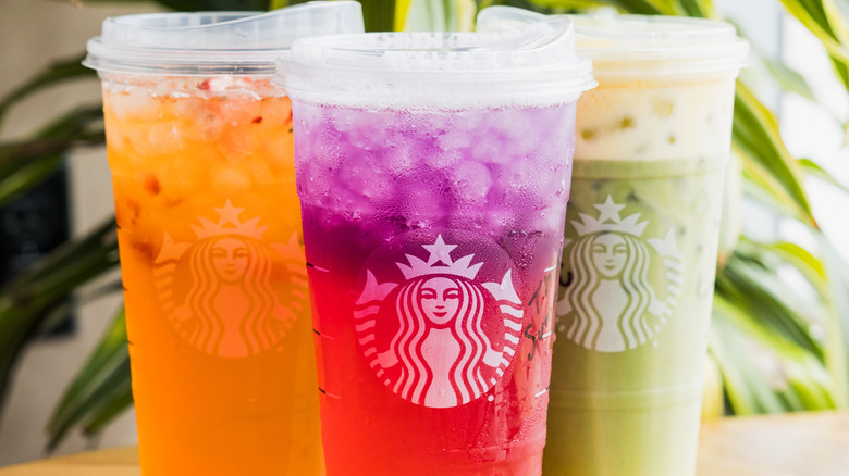 Three colorful Starbucks drinks in front of a tropical plant.