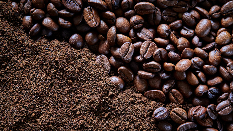 Whole coffee beans nestle up against freshly ground beans
