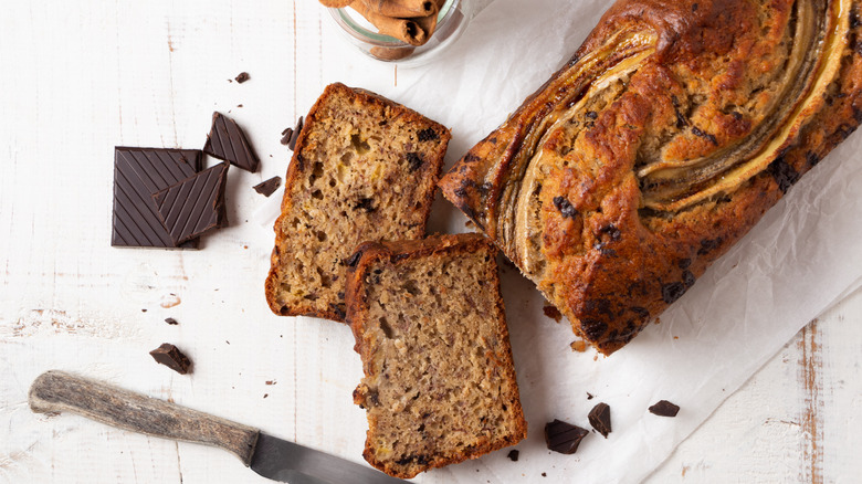 a sliced loaf of chocolate chip banana bread