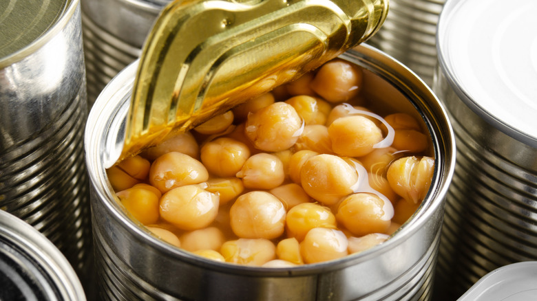 Open can of chickpeas in aquafaba