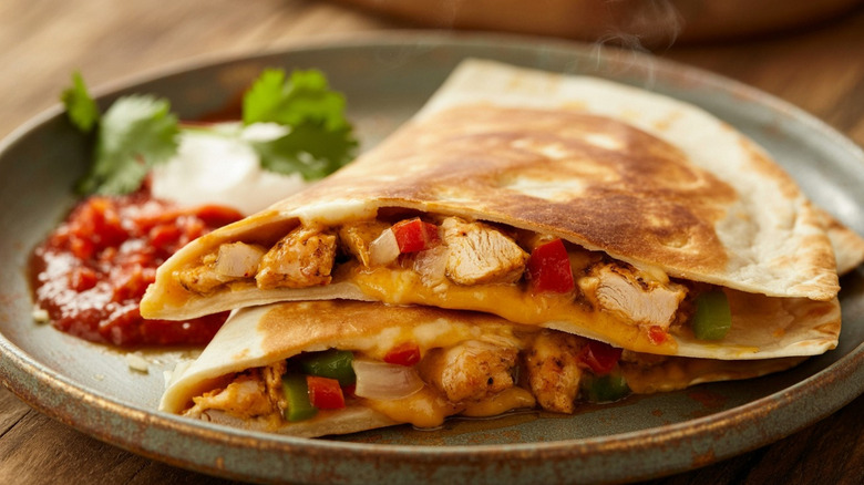A quesadilla filled with chicken, cheese, and red peppers.