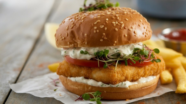 A fish sandwich on a bun with veggies and tartar sauce, surrounded by fries and ketchup.