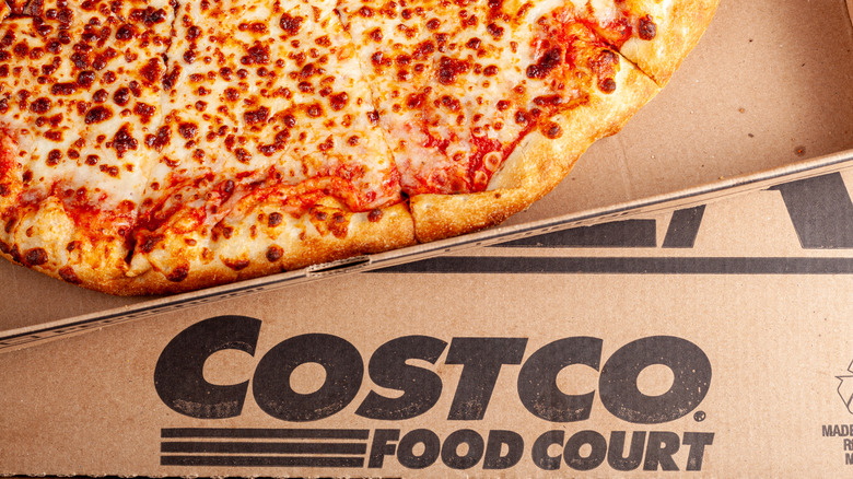 Costco pizza on a Costco Food Court cardboard box.