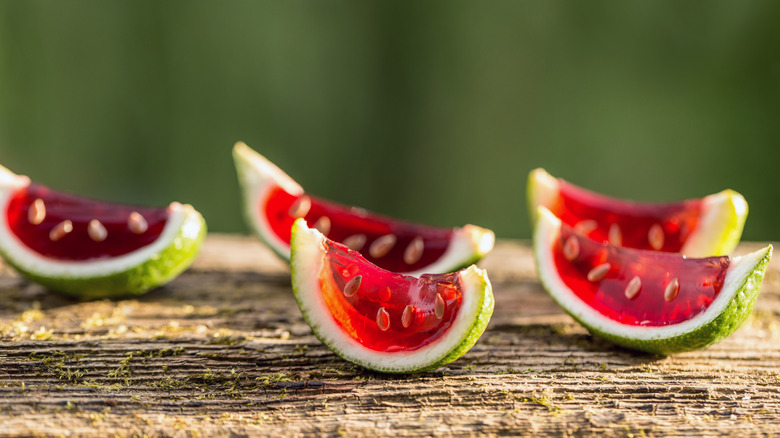 Jell-O shots in citrus rind with sunflower seeds