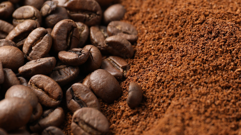 Close up of coffee beans and grounds.