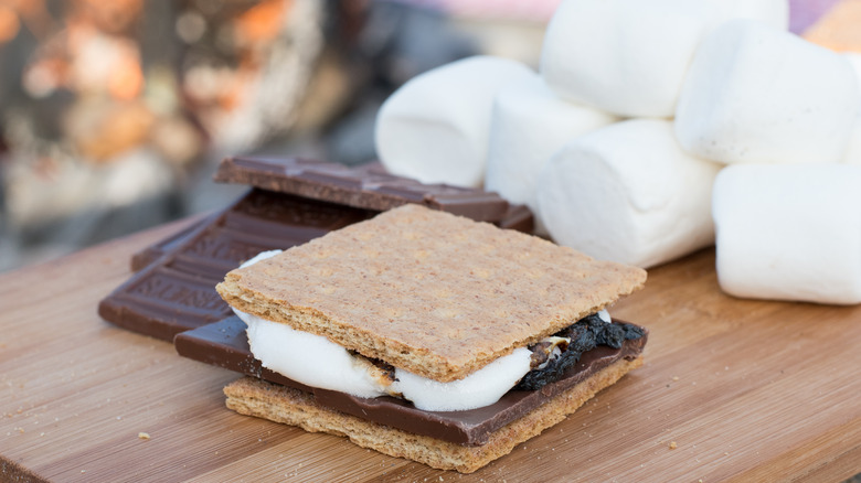 s'more next to chocolate pieces and marshmallows