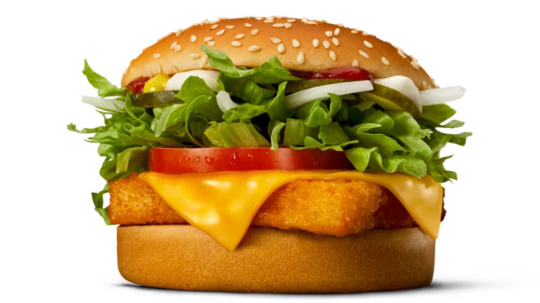 A McDonald's Fish McFeast sandwich against a white background