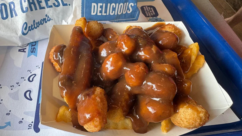 A paper tray contains DIY poutine at a Culver's.