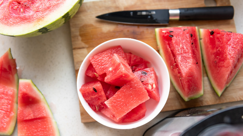 cut up watermelon in a bowl