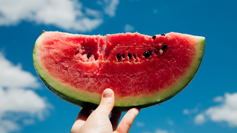 person holding a piece of watermelon