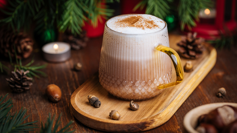 An eggnog latte in a festive setting.