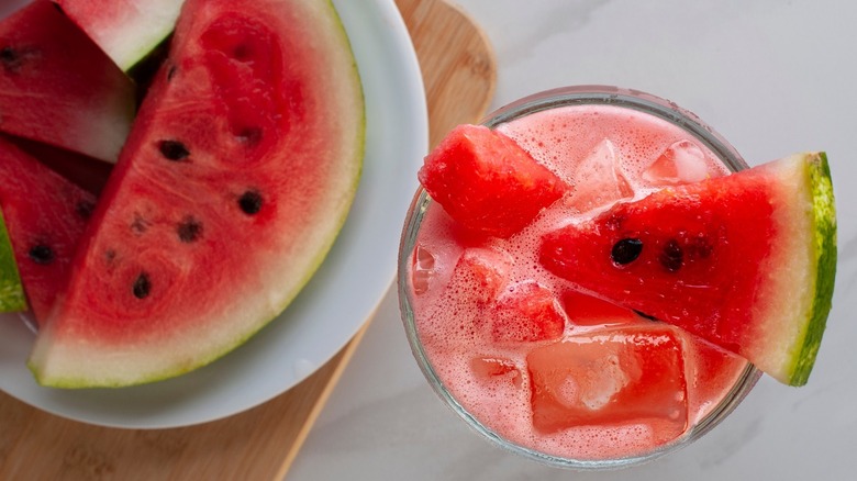 Watermelon ice cubes in a drink