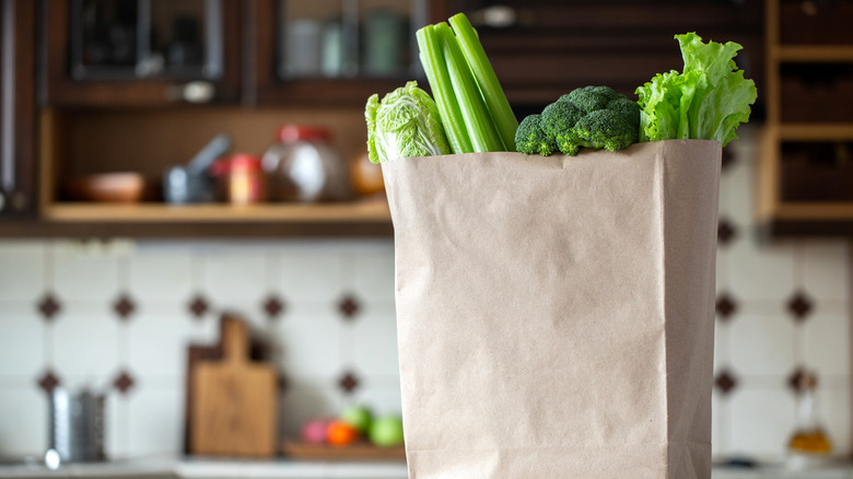 bag of groceries on a kitchen counter