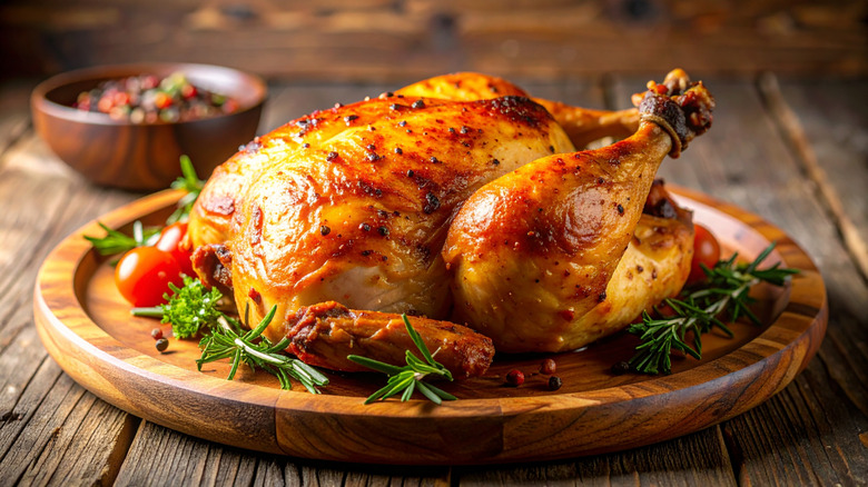 A roasted chicken with fresh herbs and pepper