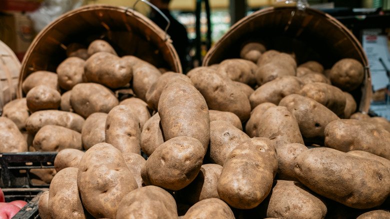 Close-up of a pile of potatoes at a supermarket