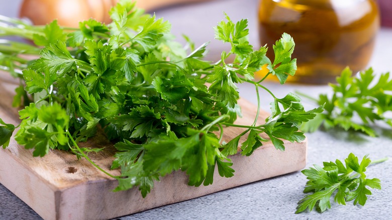 Fresh parsley on a wooden board