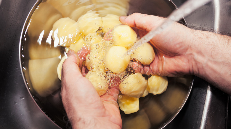 Raw peeled potatoes in running water