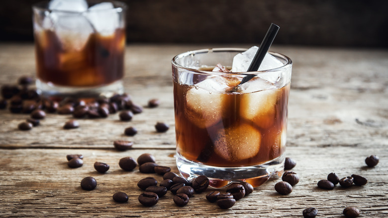 Black Russian cocktails with coffee beans