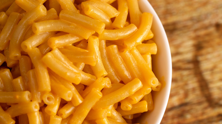 Boxed mac and cheese in a white bowl