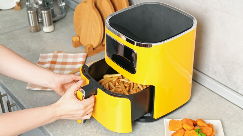 A woman pulls open an air fryer.