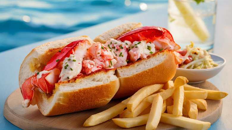 lobster roll with fries on a wooden cutting board