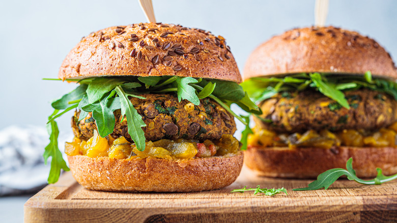 Lentil burgers on a cutting board
