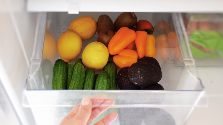 A hand opening a crisper drawer