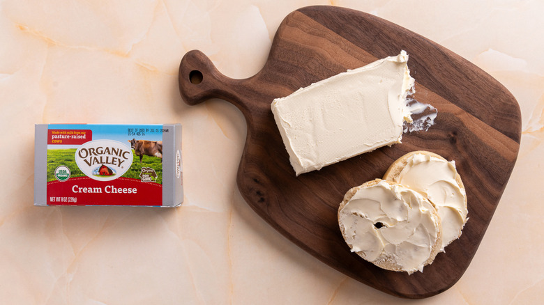 Organic Valley cream cheese spread on a bagel