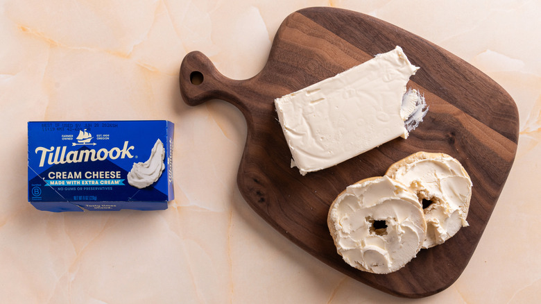 Tillamook cream cheese spread on a bagel