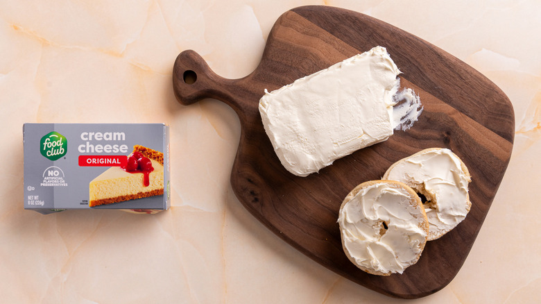 Food Club cream cheese spread on a bagel