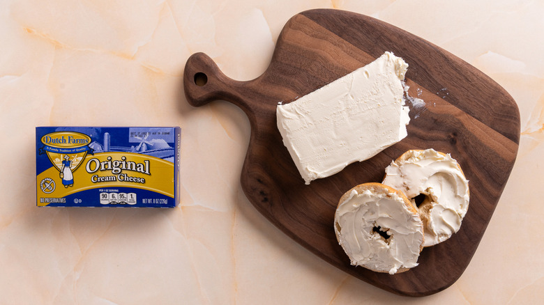 Dutch Farms cream cheese spread on a bagel