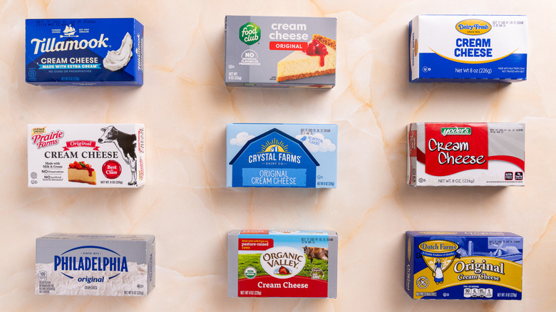 group shot of 9 different cream cheese brands