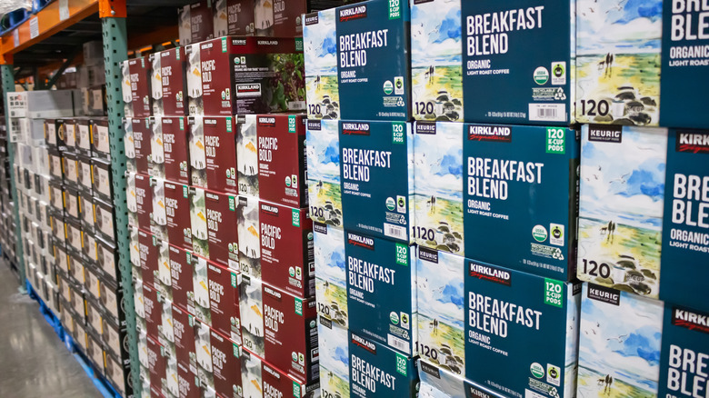 Pallets stacked with cases of coffee at Costco