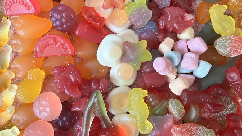 A bunch of Trader Joe's gummy candies from different packages laid out in a colorful pile
